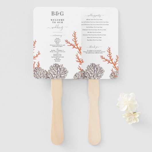 コーラルウォーター色ビーチモダン結婚式 プログラム ハンドファン (正面&裏面)