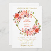 コーラルウォーター色フローラ結婚リース金ゴールド 招待状 (正面/裏面)