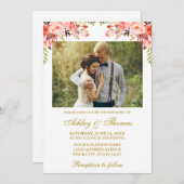 コーラルウォーター色フローラ結婚写真の金ゴールド 招待状 (正面/裏面)