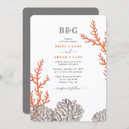 コーラルウォーター色モダンビーチ結婚ズ 招待状
