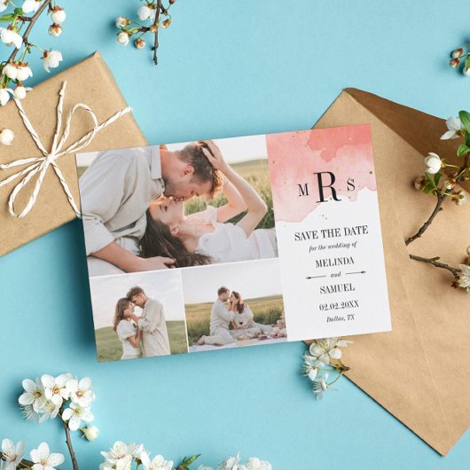 コーラルウォーター色モノグラムフォトコラージュ セーブザデート