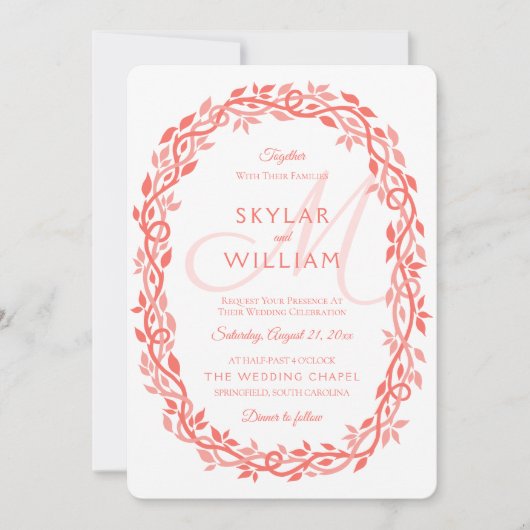 コーラルウッドシ結婚ーのリビングコーラルリースシック 招待状 (正面)