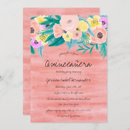 コーラルエレガントイエローフローラウォーターカラーキンセアニラ 招待状 (正面/裏面)