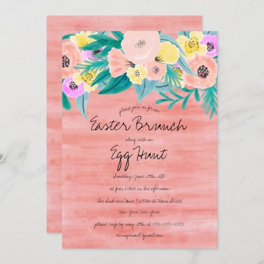 コーラルエレガントイエローフローラ水の色イースター 招待状 (正面/裏面)