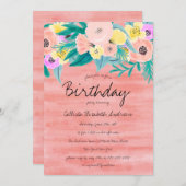 コーラルエレガントイエローフローラ水カラー誕生日 招待状 (正面/裏面)