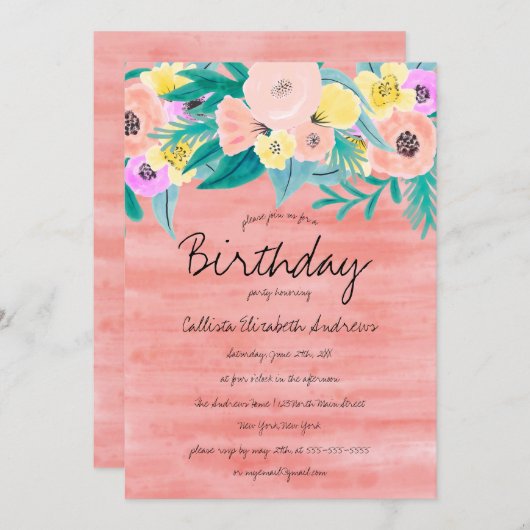 コーラルエレガントイエローフローラ水カラー誕生日 招待状 (正面/裏面)