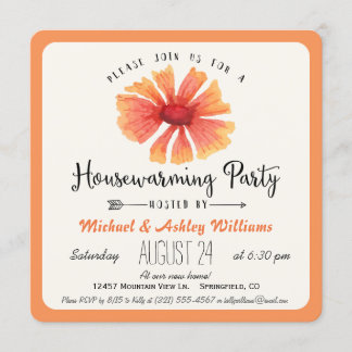 コーラルエレガントオレンジフローラ引っ越し祝いパーティーパーティー 招待状