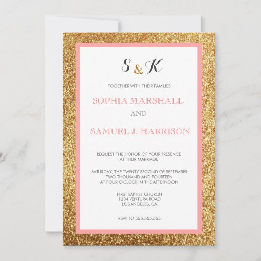 コーラルエレガントグリッター金ゴールド結婚式招待状 招待状 (正面)