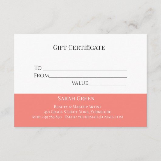 コーラルエレガントサロンブティックギフト証明書 エンクロージャーカード (裏面)