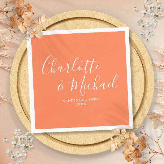 コーラルエレガントシグネチャー結婚スクリプト スタンダードカクテルナプキン