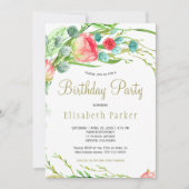 コーラルエレガントティール（緑がかった色）ガーデンバラ誕生日パーティー 招待状 (正面)