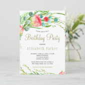 コーラルエレガントティール（緑がかった色）ガーデンバラ誕生日パーティー 招待状 (スタンド正面)