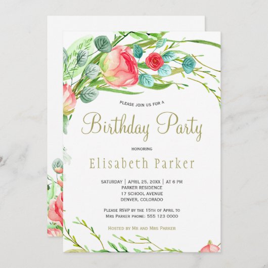 コーラルエレガントティール（緑がかった色）ガーデンバラ誕生日パーティー 招待状 (正面/裏面)