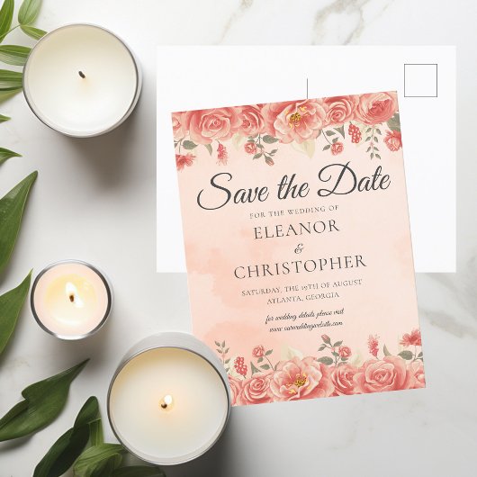 コーラルエレガントバラウォーターカラーピーチフローラ 案内ポストカード