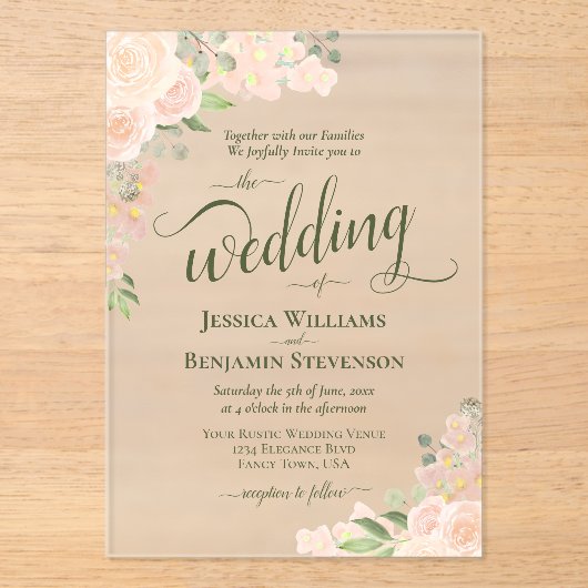 コーラルエレガントピーチボホシックバラファンシーズ結婚 アクリル招待状 (正面)