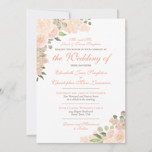 コーラルエレガントピーチボホフローラフォーマルズ結婚ス 招待状 (正面)