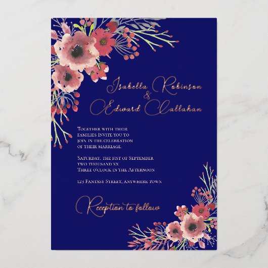 コーラルエレガントピーニーフローラリースネイビー結婚ズ 箔招待状 (正面)