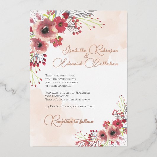 コーラルエレガントピーニーフローラリース結婚ズ 箔招待状 (正面)