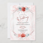 コーラルエレガントフローラ幾何大理石結婚の 招待状 (正面)