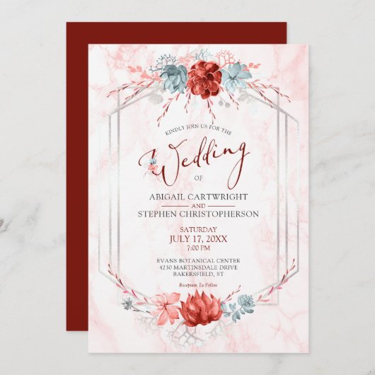 コーラルエレガントフローラ幾何大理石結婚の 招待状 (正面/裏面)