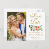 コーラルエレガントフローラ金ゴールド写真の保存日付 ポストカード (正面/裏面)