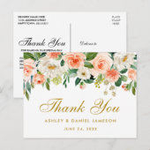 コーラルエレガントフローラ金ゴールド結婚ズ・サンキュー ポストカード (正面/裏面)