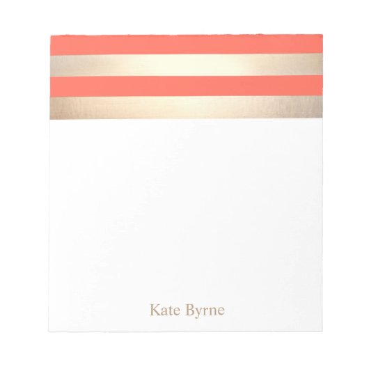 コーラルオスタイリッシュレンジフェイクゴールドフォイルストライプズ ノートパッド (正面)