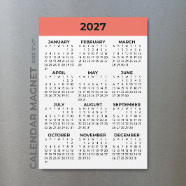 コーラルオレンジの2027年マグネットカレンダー(年間カレンダー表示)