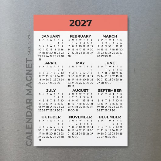 コーラルオレンジの2027年マグネットカレンダー(年間カレンダー表示)