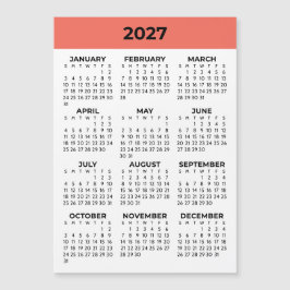 コーラルオレンジの2027年マグネットカレンダー(年間カレンダー表示)