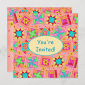 コーラルオレンジイエローパッチワークキルトブロックアート 招待状 (正面/裏面)