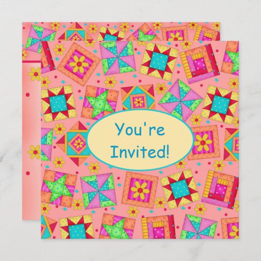 コーラルオレンジイエローパッチワークキルトブロックアート 招待状 (正面/裏面)