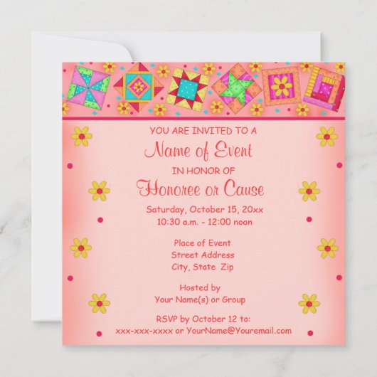 コーラルオレンジイエローパッチワークキルトブロックアート 招待状 (裏面)