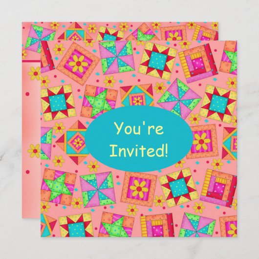 コーラルオレンジイエローパッチワークキルトブロックアート 招待状 (正面/裏面)