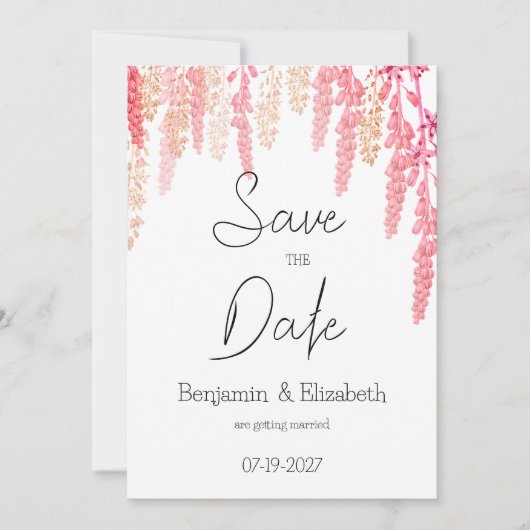 コーラルオレンジエレガント色のフローラ保存日 招待状 (正面)