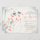 コーラルオレンジグレーバード葉ズ結婚式招待状 招待状 (正面/裏面)