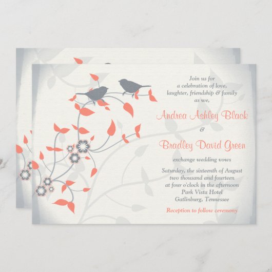 コーラルオレンジグレーバード葉ズ結婚式招待状 招待状 (正面/裏面)