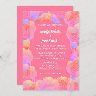 コーラルオレンジサーモンピンクフローラQRコード結婚ズ 招待状