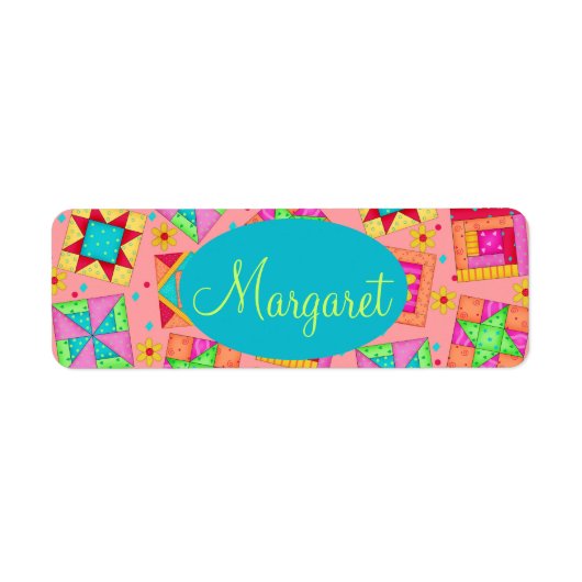 コーラルオレンジパーソナライズパッチワークキルトブロックアート ラベル (正面)