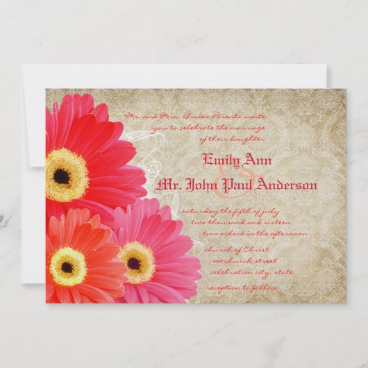 コーラルオレンジピンクガーベラデイジー結婚式招待状 招待状 (正面)