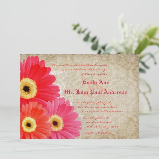 コーラルオレンジピンクガーベラデイジー結婚式招待状 招待状 (スタンド正面)
