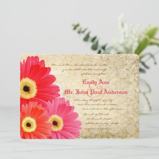 コーラルオレンジピンクガーベラデイジー結婚式招待状 招待状 (スタンド正面)