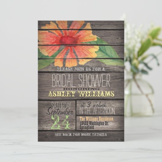 コーラルオレンジフラワーオンウッド素朴ブライダルシャワー 招待状 (スタンド正面)