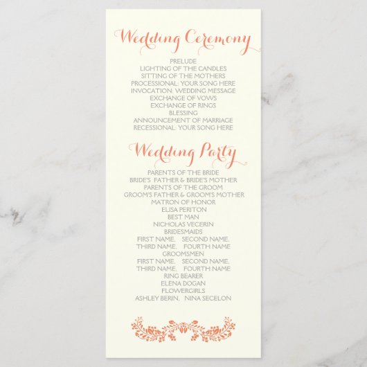 コーラルオレンジ色の葉のフレーム結婚式プログラム プログラム (裏面)
