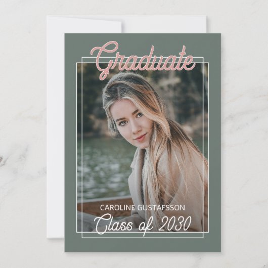 コーラルオレンジ赤面レッドセージ緑の卒業 案内状 (正面)