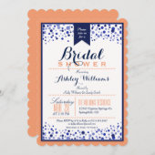 コーラルオレンジ、ホワイト、ネイビーブルーブライダルシャワー 招待状 (正面/裏面)