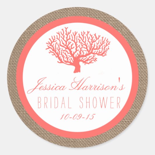 コーラルオンバーラップビーチブライダルシャワーステッカー ラウンドシール (正面)