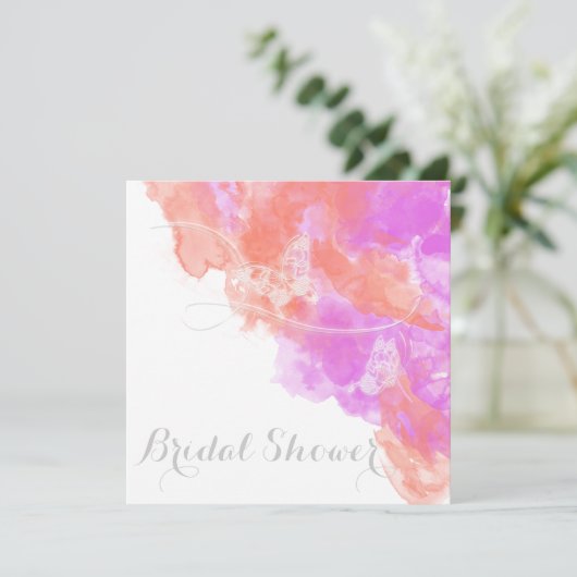 コーラルオーキッドウォーターカラーバタフライブライダルシャワー 招待状 (スタンド正面)