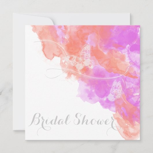 コーラルオーキッドウォーターカラーバタフライブライダルシャワー 招待状 (正面)