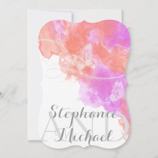 コーラルオーキッドウォーターカラーバタフライブリス結婚ズ 招待状 (正面)